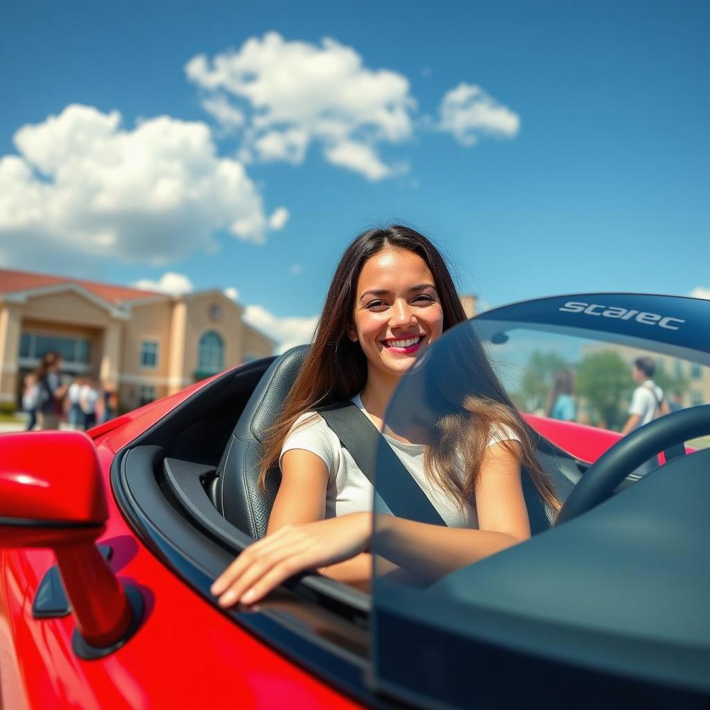 A young woman with sunglasses, smiling joyfully while seated in a sleek red Lamborghini convertible