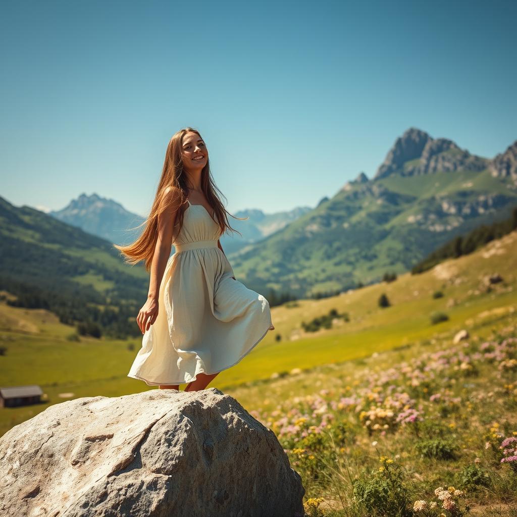 A young woman in a rustic countryside setting, climbing a large stone in a picturesque valley