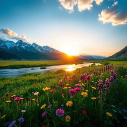 A serene landscape featuring a lush green meadow dotted with vibrant wildflowers in various shades of purple, yellow, and red