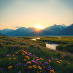 A serene landscape featuring a lush green meadow dotted with vibrant wildflowers in various shades of purple, yellow, and red