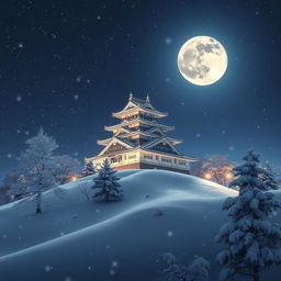 A majestic Japanese castle surrounded by a blanket of snow, illuminated by a full moon casting a silvery glow