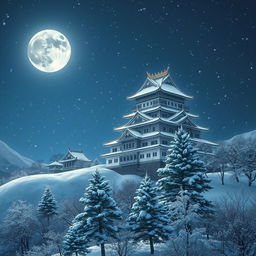 A majestic Japanese castle surrounded by a blanket of snow, illuminated by a full moon casting a silvery glow
