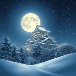 A majestic Japanese castle surrounded by a blanket of snow, illuminated by a full moon casting a silvery glow
