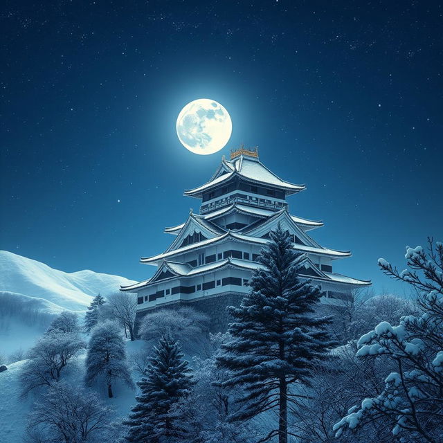 A majestic Japanese castle surrounded by a blanket of snow, illuminated by a full moon casting a silvery glow