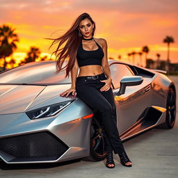 A stylish young woman leaning against a sleek Lamborghini, showcasing a vibrant sunset background
