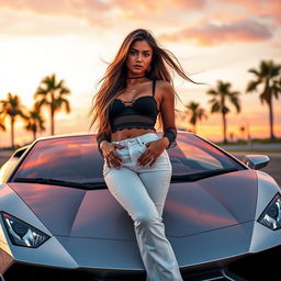 A stylish young woman leaning against a sleek Lamborghini, showcasing a vibrant sunset background