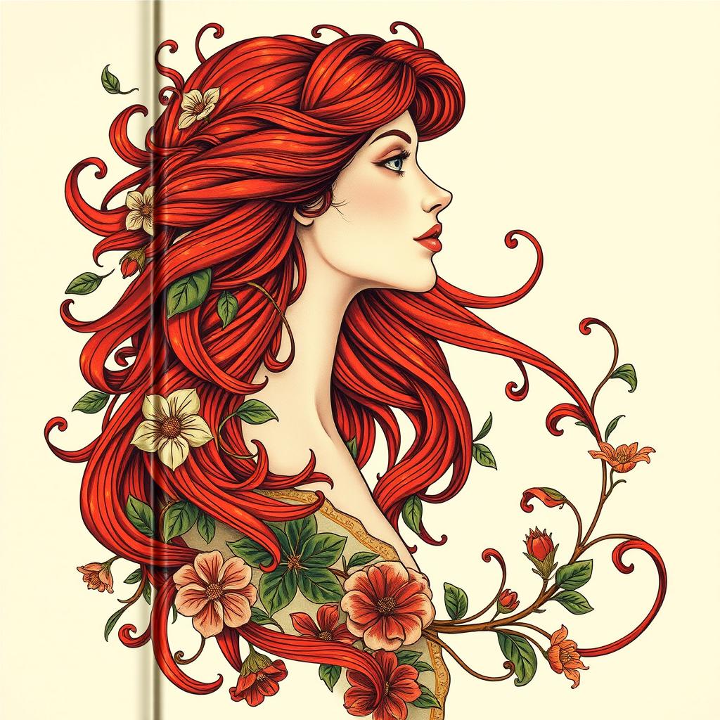 A stunning book cover design featuring a profile portrait of a delicate-faced European woman with striking red hair, intricately designed in the Art Nouveau style