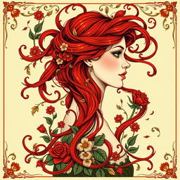 A stunning book cover design featuring a profile portrait of a delicate-faced European woman with striking red hair, intricately designed in the Art Nouveau style