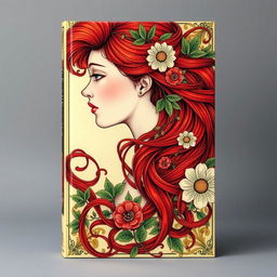 A stunning book cover design featuring a profile portrait of a delicate-faced European woman with striking red hair, intricately designed in the Art Nouveau style