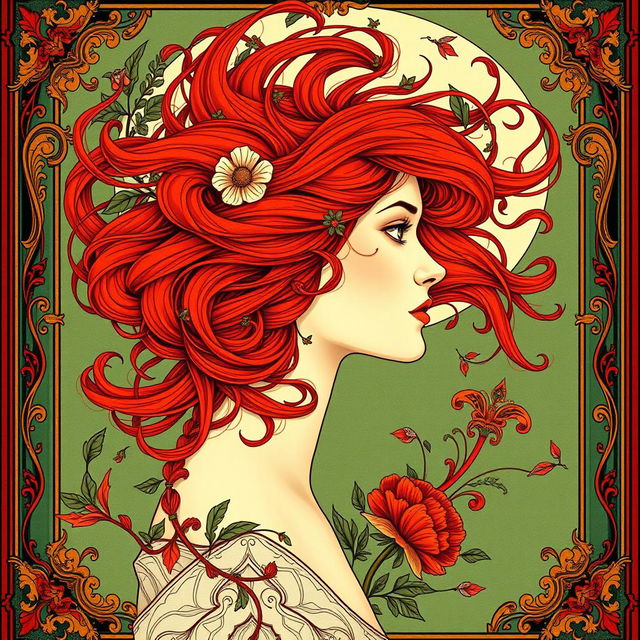 A stunning book cover design featuring a profile portrait of a delicate-faced European woman with striking red hair, intricately designed in the Art Nouveau style