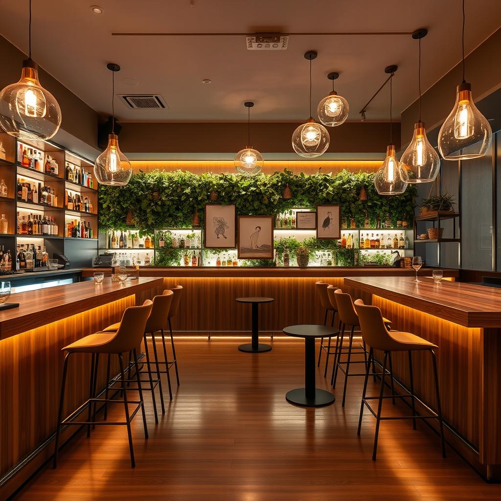 A modern and stylish bar interior design featuring sleek wooden countertops, illuminated shelves stocked with a variety of colorful liquor bottles, and contemporary bar stools with a minimalist aesthetic