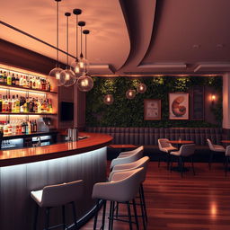 A modern and stylish bar interior design featuring sleek wooden countertops, illuminated shelves stocked with a variety of colorful liquor bottles, and contemporary bar stools with a minimalist aesthetic