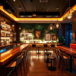 A modern and stylish bar interior design featuring sleek wooden countertops, illuminated shelves stocked with a variety of colorful liquor bottles, and contemporary bar stools with a minimalist aesthetic