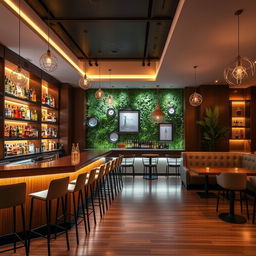 A modern and stylish bar interior design featuring sleek wooden countertops, illuminated shelves stocked with a variety of colorful liquor bottles, and contemporary bar stools with a minimalist aesthetic