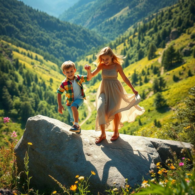 A young boy assisting a young lady in descending from a large stone in a picturesque valley