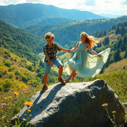 A young boy assisting a young lady in descending from a large stone in a picturesque valley