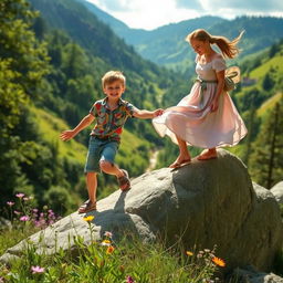 A young boy assisting a young lady in descending from a large stone in a picturesque valley