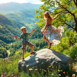 A young boy assisting a young lady in descending from a large stone in a picturesque valley