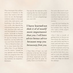 Create an artistic page layout that features a highlighted quote in the center: "I have learned not to think of myself as more important than you