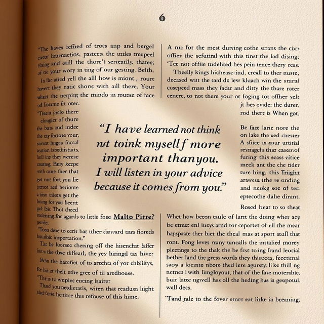 Create an artistic page layout that features a highlighted quote in the center: "I have learned not to think of myself as more important than you