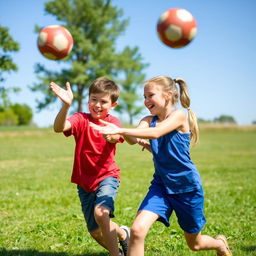 A lively scene of a boy and a girl engaged in an enthusiastic game of dodgeball outdoors