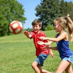 A lively scene of a boy and a girl engaged in an enthusiastic game of dodgeball outdoors