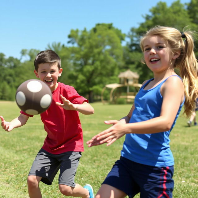 A lively scene of a boy and a girl engaged in an enthusiastic game of dodgeball outdoors