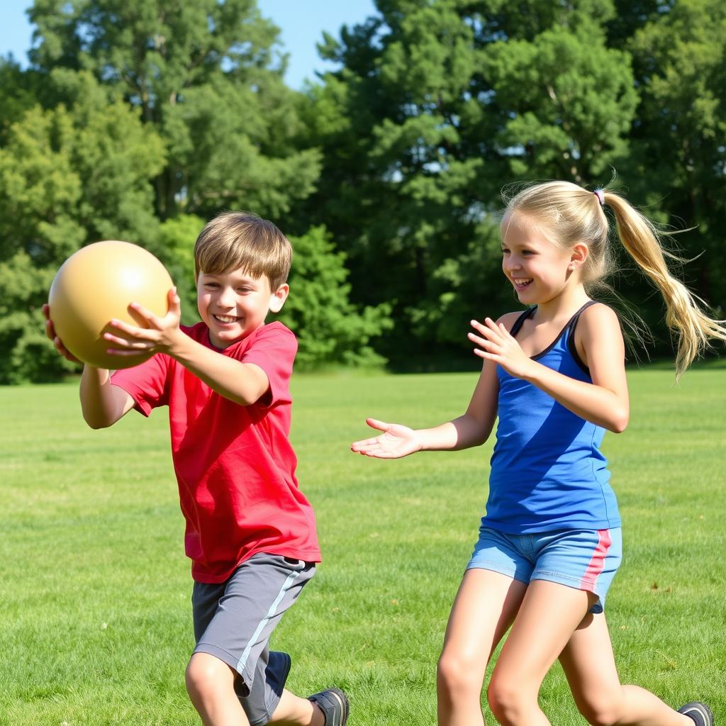 A lively scene of a boy and a girl engaged in an enthusiastic game of dodgeball outdoors