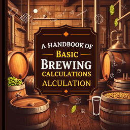 A visually appealing cover for a book titled "A Handbook of Basic Brewing Calculations", featuring a backdrop of a rustic brewery with barrels, hops, and brewing equipment