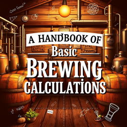 A visually appealing cover for a book titled "A Handbook of Basic Brewing Calculations", featuring a backdrop of a rustic brewery with barrels, hops, and brewing equipment