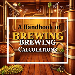A visually appealing cover for a book titled "A Handbook of Basic Brewing Calculations", featuring a backdrop of a rustic brewery with barrels, hops, and brewing equipment