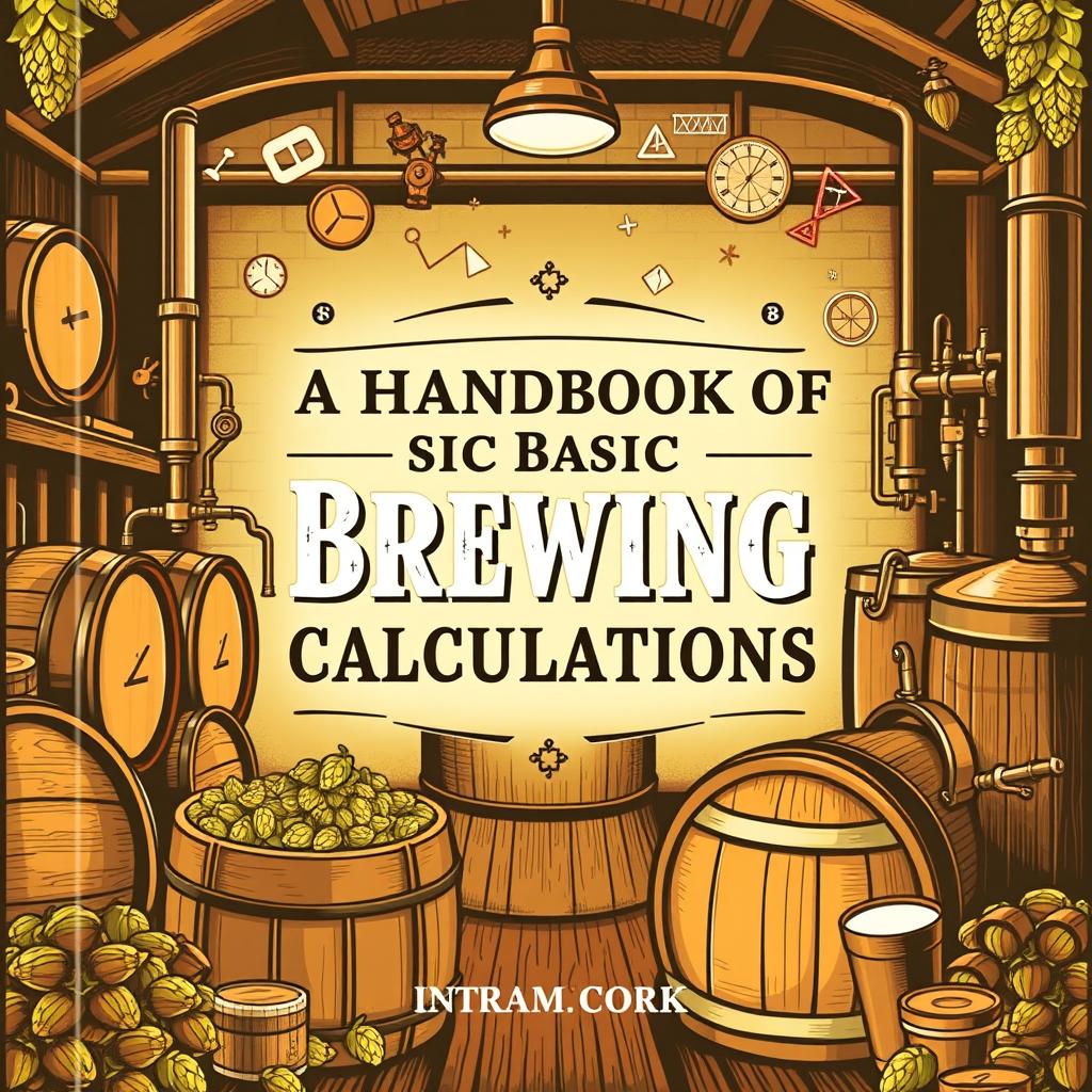 A visually appealing cover for a book titled "A Handbook of Basic Brewing Calculations", featuring a backdrop of a rustic brewery with barrels, hops, and brewing equipment