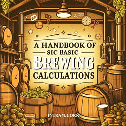 A visually appealing cover for a book titled "A Handbook of Basic Brewing Calculations", featuring a backdrop of a rustic brewery with barrels, hops, and brewing equipment