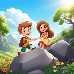 A vibrant and colorful cartoon scene depicting a young boy helping a young woman down from a large rock in a picturesque valley