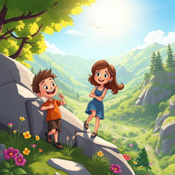 A vibrant and colorful cartoon scene depicting a young boy helping a young woman down from a large rock in a picturesque valley