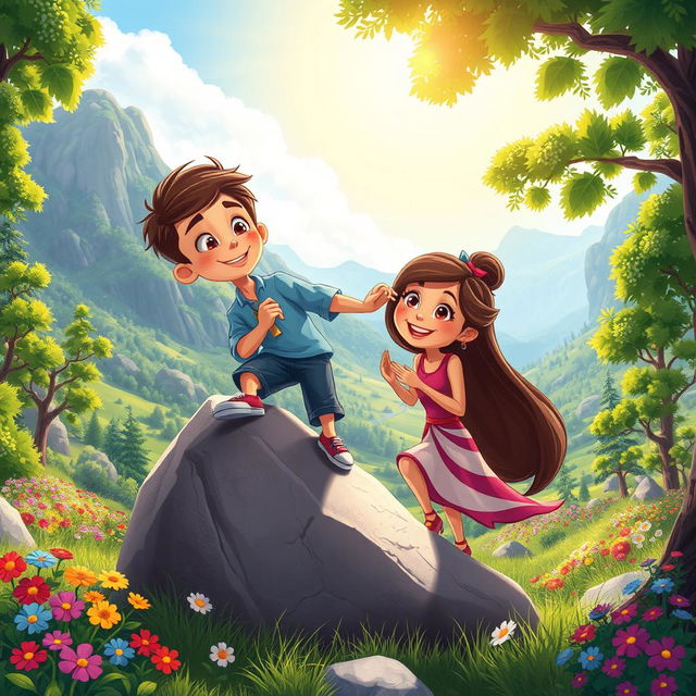 A vibrant and colorful cartoon scene depicting a young boy helping a young woman down from a large rock in a picturesque valley