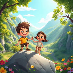 A vibrant and colorful cartoon scene depicting a young boy helping a young woman down from a large rock in a picturesque valley