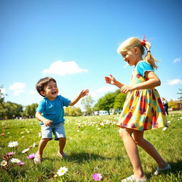 A lively scene depicting a boy and a girl joyfully playing a doze game outside