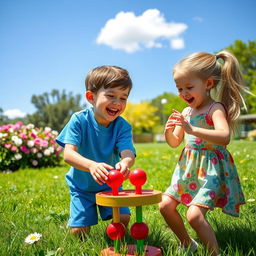 A lively scene depicting a boy and a girl joyfully playing a doze game outside