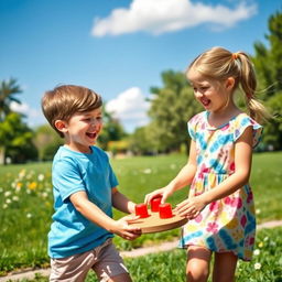 A lively scene depicting a boy and a girl joyfully playing a doze game outside