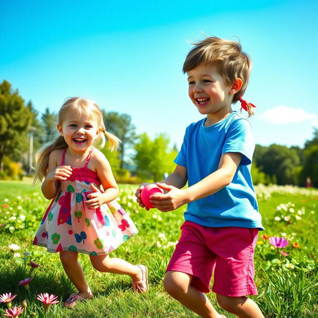 A lively scene depicting a boy and a girl joyfully playing a doze game outside