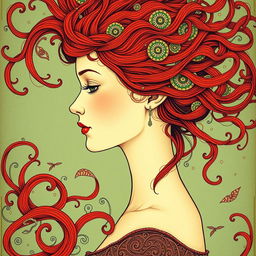 A captivating book cover design featuring a profile portrait of a delicate-faced European woman with vibrant red hair, intricately illustrated in the Art Nouveau style