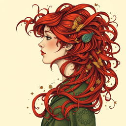 A captivating book cover design featuring a profile portrait of a delicate-faced European woman with vibrant red hair, intricately illustrated in the Art Nouveau style