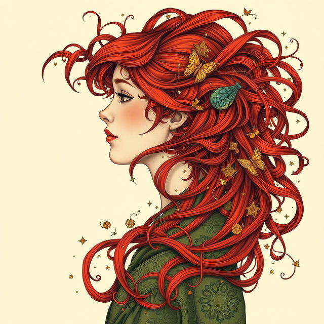 A captivating book cover design featuring a profile portrait of a delicate-faced European woman with vibrant red hair, intricately illustrated in the Art Nouveau style