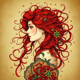 A captivating book cover design featuring a profile portrait of a delicate-faced European woman with vibrant red hair, intricately illustrated in the Art Nouveau style