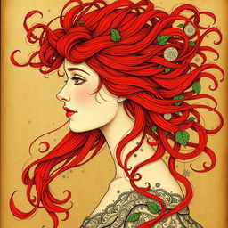 A captivating book cover design featuring a profile portrait of a delicate-faced European woman with vibrant red hair, intricately illustrated in the Art Nouveau style