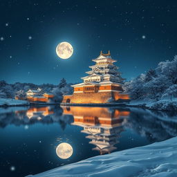 A stunning Japanese castle surrounded by snow, reflected beautifully in a tranquil lake, illuminated by the glow of a full moon