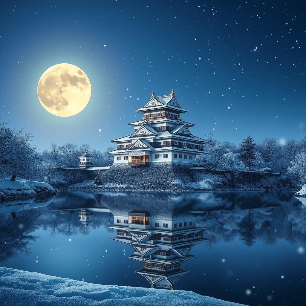 A stunning Japanese castle surrounded by snow, reflected beautifully in a tranquil lake, illuminated by the glow of a full moon