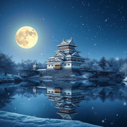 A stunning Japanese castle surrounded by snow, reflected beautifully in a tranquil lake, illuminated by the glow of a full moon