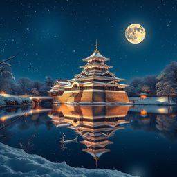 A stunning Japanese castle surrounded by snow, reflected beautifully in a tranquil lake, illuminated by the glow of a full moon